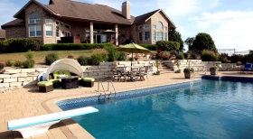 Pavers Around Pool, Pool with Pavers, Stone Retaining Wall, Pool with Diving Board