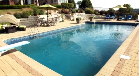 Pavers Around Pool, Pool with Pavers, Stone Retaining Wall, Pool with Diving Board