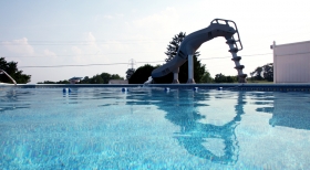 Inground Slide Pool, Vinyl Liner Pool, Rope with Floats, Blue Pool Water