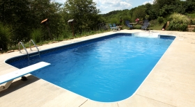 Pool with Rounded Ends, Inground Pool with Dive, Blue Pool Water, Steps in Pool